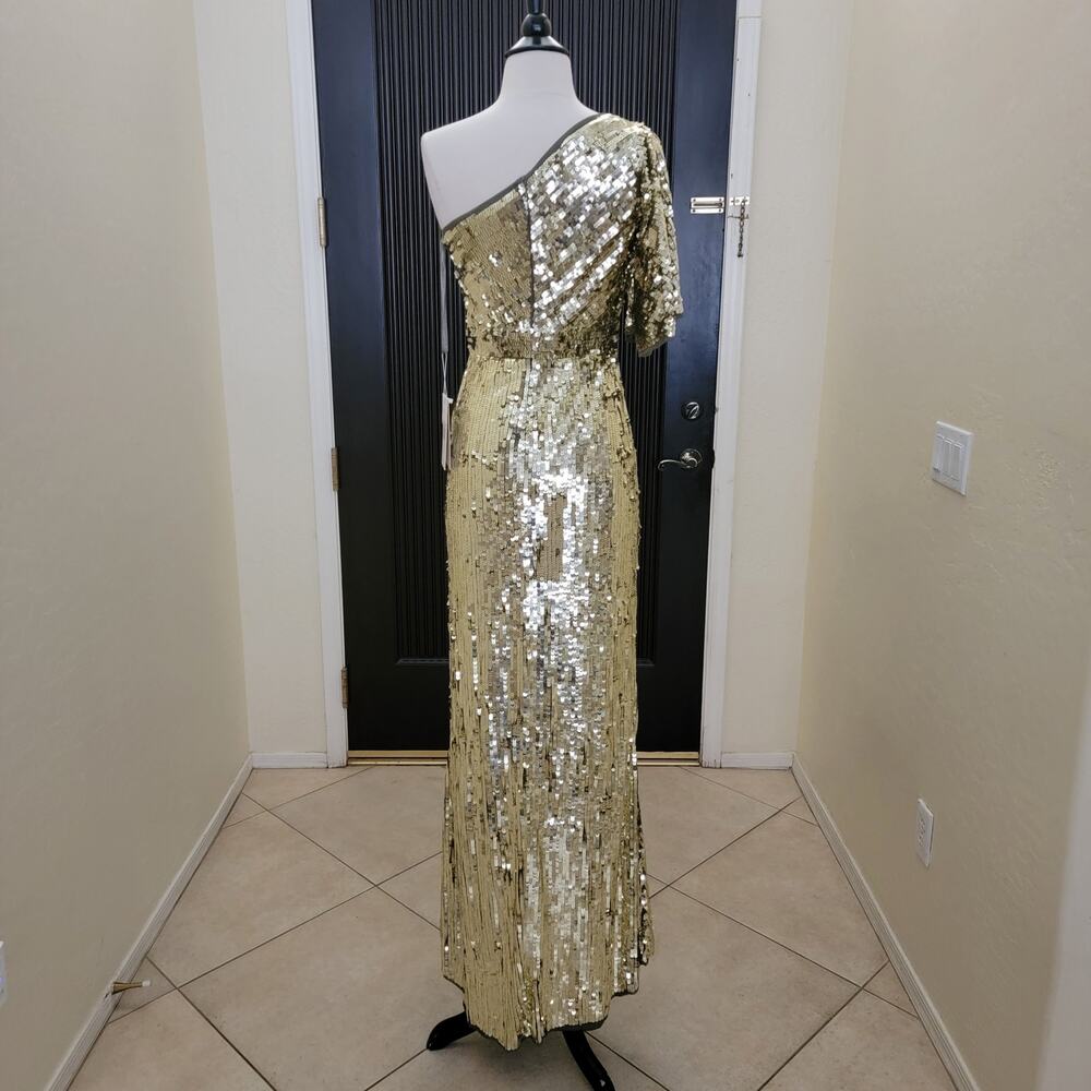 Mac Duggal 93540 Gold One Shoulder Sequin Evening Gown Maxi Dress Size 2 - Picture 10 of 11